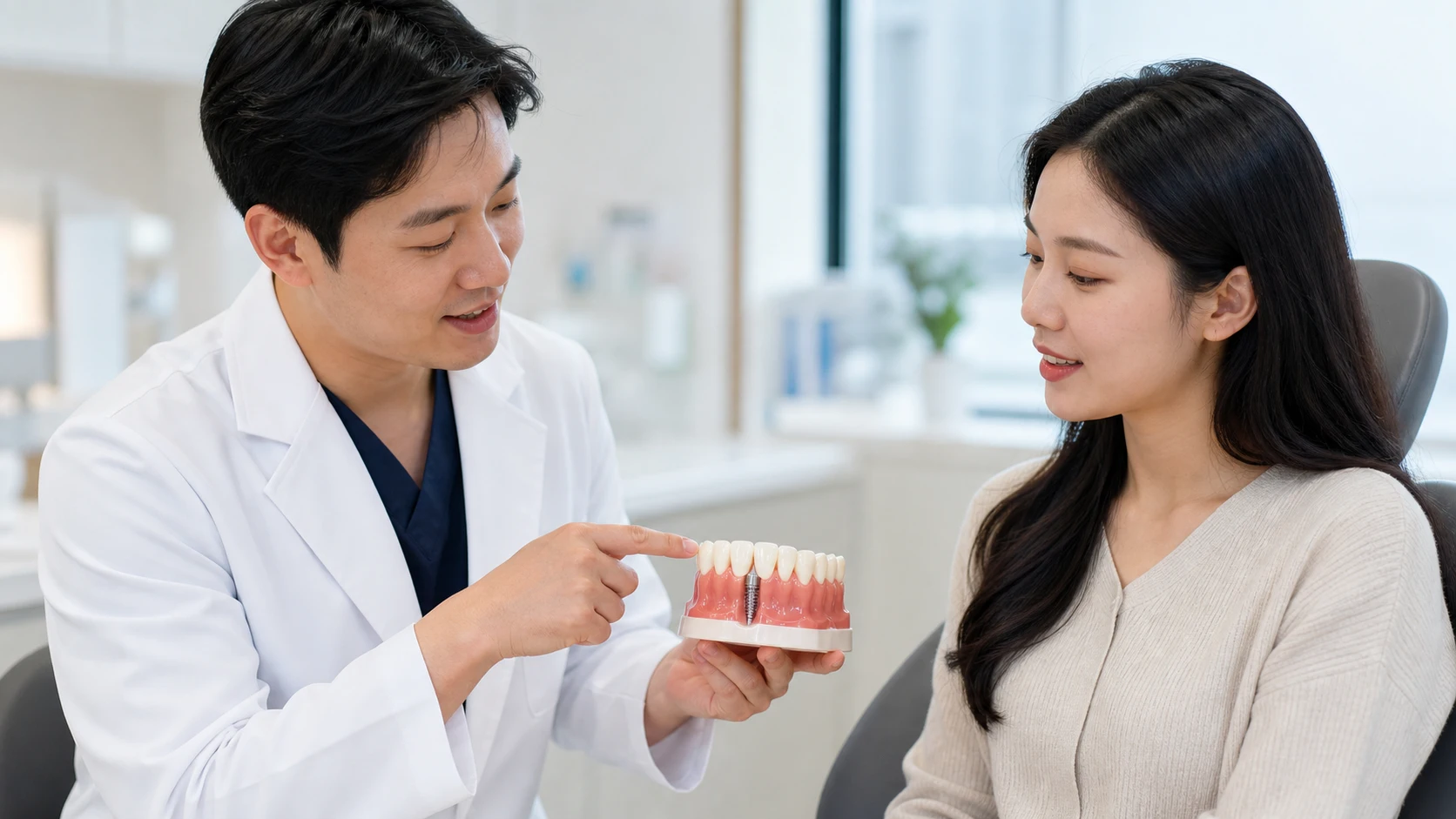 앞니 임플란트 건강보험 가격 상담 정보를 확인하는 모습