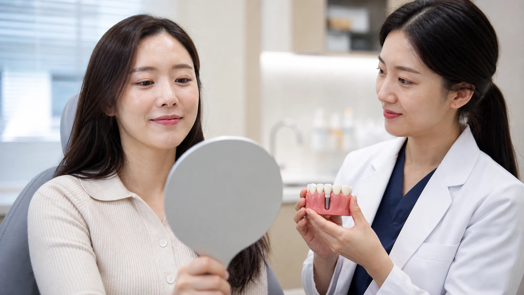 앞니 임플란트 비용 상담 정보를 확인하는 모습