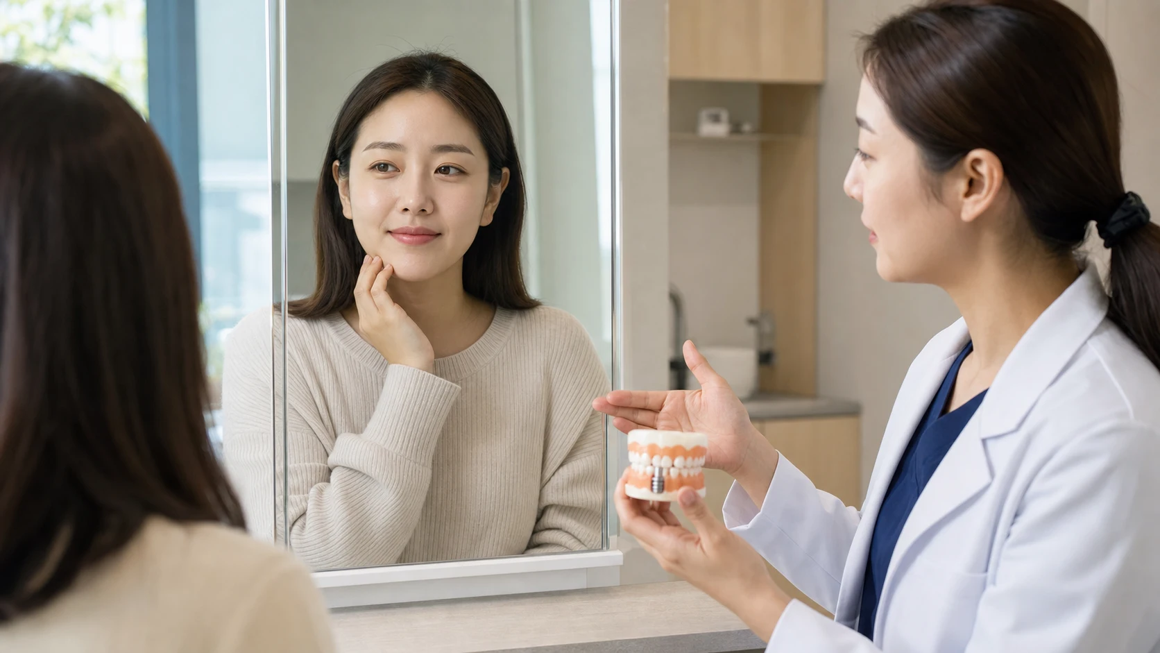 앞니 임플란트 재수술 비용 상담 정보를 확인하는 모습