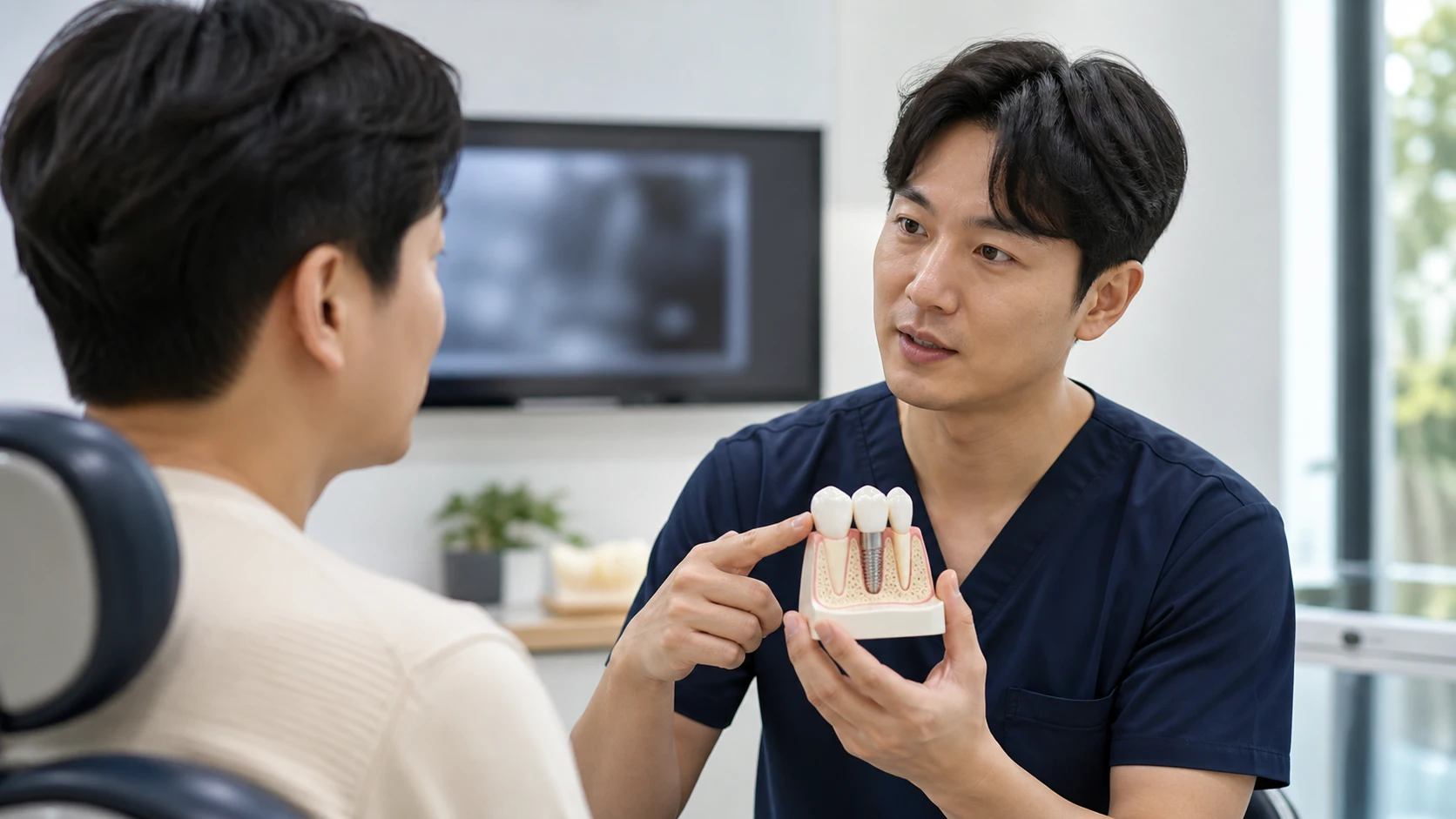 앞니 발치 즉시 임플란트 비용 상담 정보를 확인하는 모습