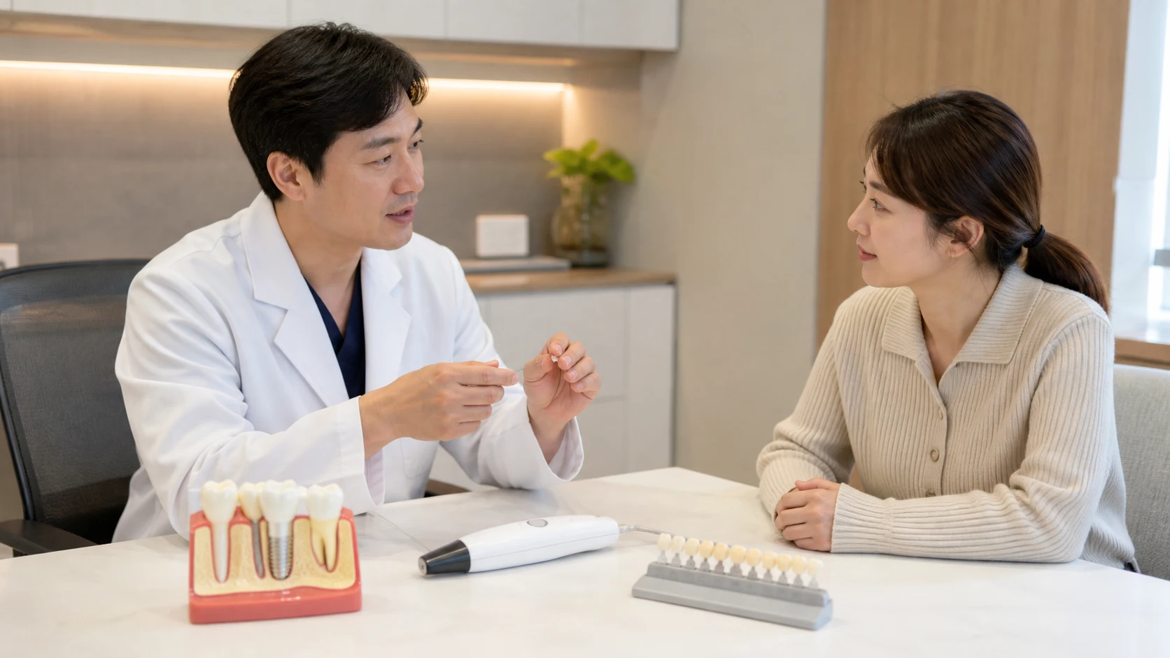 앞니 임플란트 과정 상담 정보를 확인하는 모습